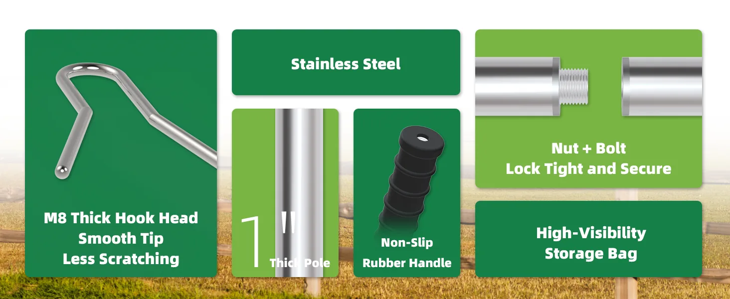 Sheep catcher product features including hook head, thick pole, rubber handle, storage bag