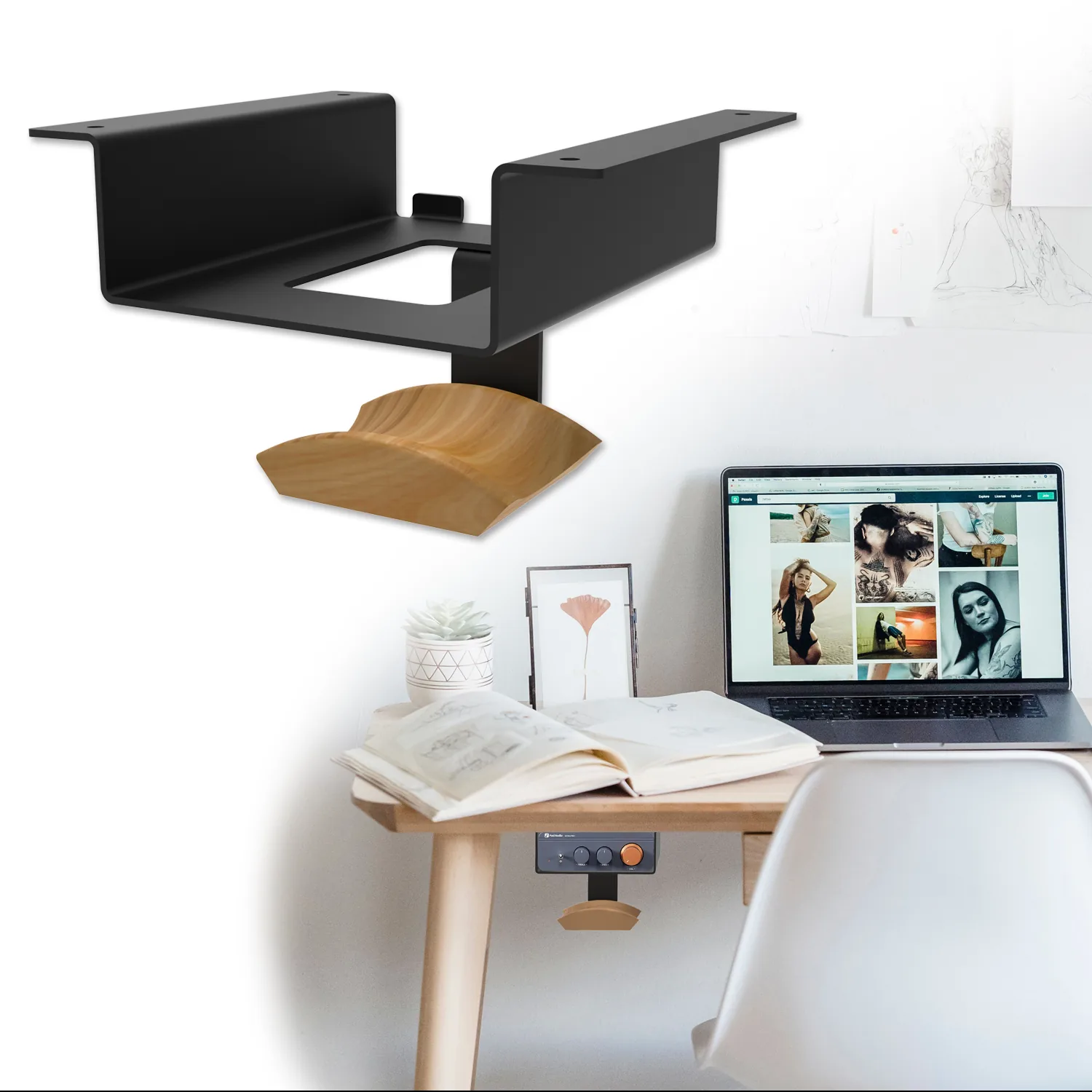 Under desk mount for Fosi Audio BT20A Pro with beech wood headphone hanger