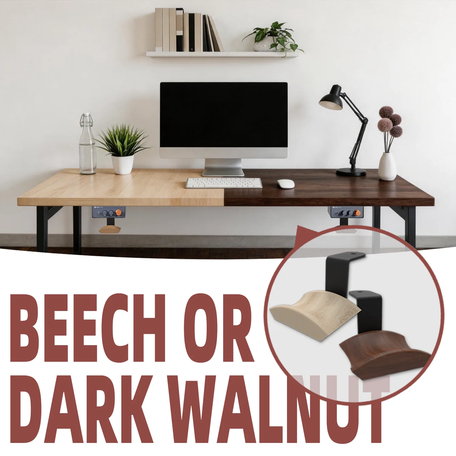 Under desk amplifier mount with detachable beech wood headphone hanger